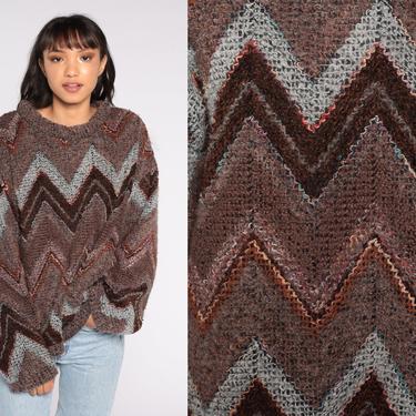 80s Sweater Zig Zag Print Knit Jumper Brown Striped Sweater Wool Mohair Sweater 1980s Statement Vintage Pullover Medium Large 