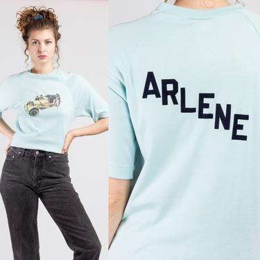 70s Baby Blue &amp;quot;Arlene&amp;quot; Classic Car Raglan Shirt - Medium | Vintage Iron-On Short Sleeve Graphic Tee 