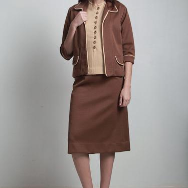 vintage 70s skirt suit 3-piece brown herringbone polyester knit matching set knee length LARGE L 