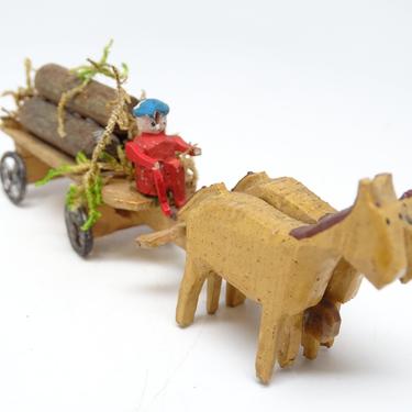 Antique German Erzgebirge Log Wagon with Driver, Horses,  Vintage Toy Christmas Putz 