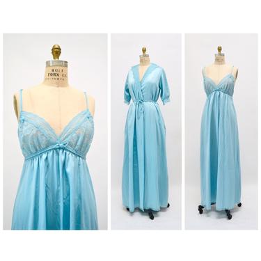 70s 80s Vintage Peignoir Nightgown Robe Sleep Slip Camisole Dress and Robe Blue Christian Dior Wedding Honeymoon Lingerie Lace Dress Medium 