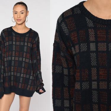 90s Checkered Sweater Plaid Sweater Print Acrylic Knit 1990s Munsingwear Grunge Vintage Pullover Grey Brown Geometric Sweater Men's 2xl xxl 