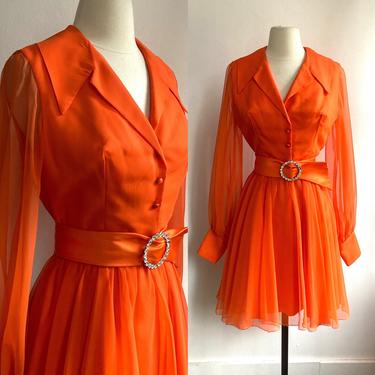 Fabulous CHIFFON Dress + RHINESTONE SATIN Belt / Bishop Sleeve + Dagger Collar 