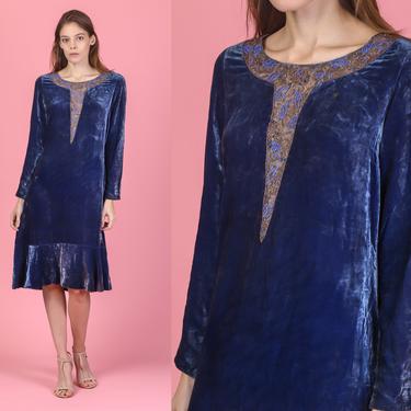 1920s Art Deco Blue Velvet Beaded Trim Dress - Small | Vintage Drop Waist 20s Lace Embroidery Knee Length Flapper Dress 