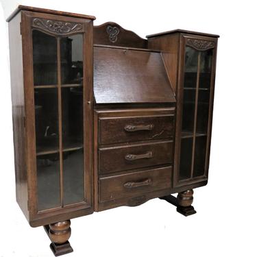 Mid Century English Carved Oak Secretary Desk With Side by Side Bookcases 