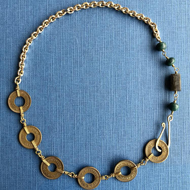 For Amusement Only [vintage tokens, brass, malachite, labradorite] 