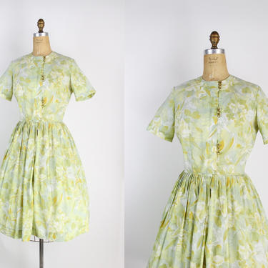 50s Green and Yellow Dress / Mid Century Dress / Day dress / size S/M 