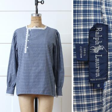 vintage 1980s womens Ralph Lauren blouse • country victoriana style blue & white plaid • cotton and lace shirt 