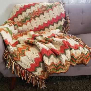 1970s Vintage Afghan Blanket, Grandma's Handmade Orange Cream Green Brown Knit Blanket, Retro Zig Zag Fringe Tassels Couch Throw, Home Decor 