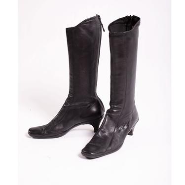 Vintage PRADA Black Nappa Leather Mid Calf Square Toe Boots sz 41 Heels Cowboy Y2K Minimal Tall 