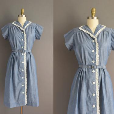 vintage 1950s dress | Chambray Blue Eyelet Cotton Day Dress | Small | 50s vintage dress 
