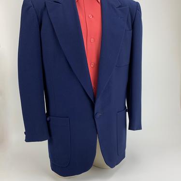 1940'S Navy Blue Sportscoat - Wool Gabardine - Wide Notched Lapels - Single Button - Ventless Back - Men's Size Large 