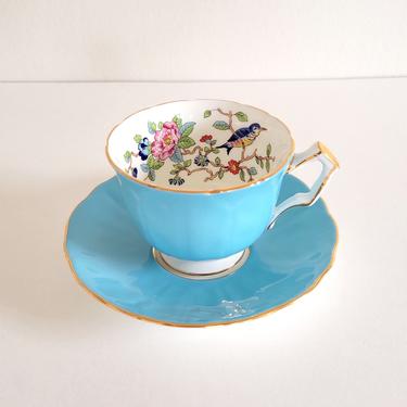 Vintage English Bone China Teacup & Saucer, Aynsley Pembroke in Turquoise Porcelain 