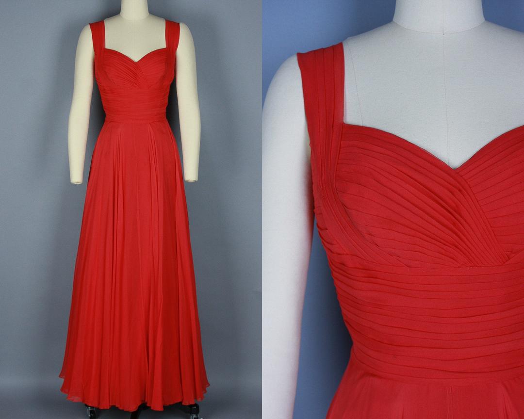 Late 1940s, Early 1950s Strapless Red Silk Satin Full Skirt Dress w  Rhinestone Detailing