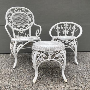 Vintage White Wicker and Cane Peacock Style Chair Set 