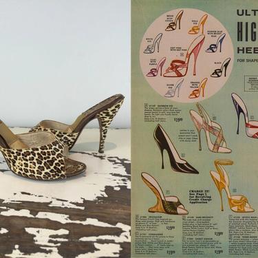 Stalking Your Prey - Vintage 1950s 1960s Printed Fur Leopard Springolators Heels Shoes Slides - 7M 