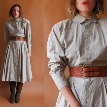 Vintage 80 Strong Shoulder Cotton Dress/ 1980s Batwing Kenar Kahki Snap Up Dress/ Size Medium 