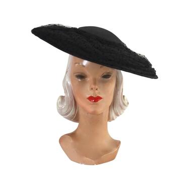 1950s Black Platter Hat - 1950s Black Cartwheel Hat - 1950s New Look Hat - 1950s Black Sun Hat - 1950s Black Hat - 1950s Platter Hat 