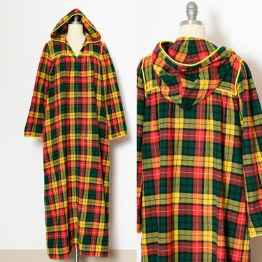 1940s House Coat Dressing Gown Wool Plaid Hooded M 
