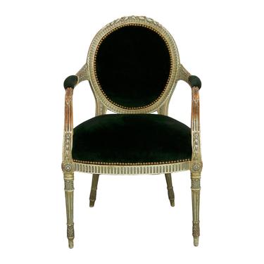 19th Century French Louis XVI Armchair W/ Dark Green Velvet Upholstery. Desk Chair. Side Chair. Accent Chair. 