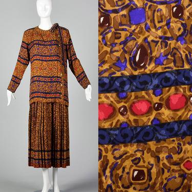 Small Yves Saint Laurent Rive Gauche 1980s Silk 2 Piece Dress 80s Silk Separates Tunic Pleated Skirt Midi Dress 