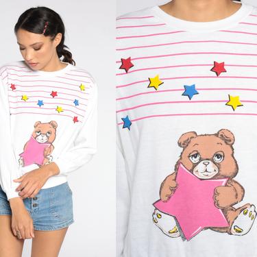 Teddy Bear Shirt 80s Sweatshirt Star Sweatshirt Striped Graphic Kawaii Sweatshirt Vintage 1980s Slouchy Pullover White Pink Medium 