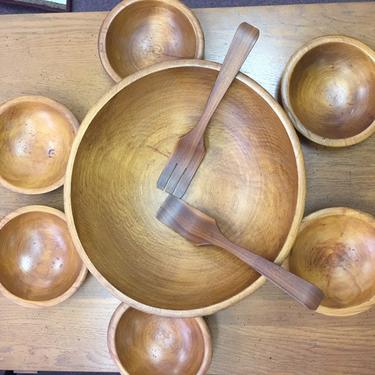 Vintage Woodcraftery 9 Piece Wood Serving Bowl And Salad Bowl Set With Serving Utensils 