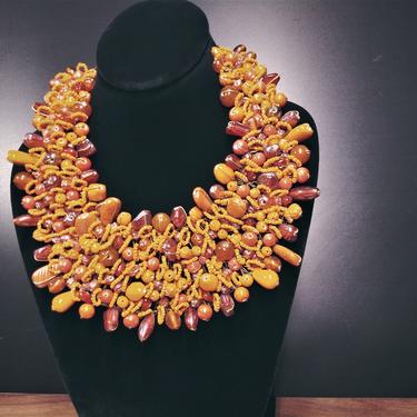 Orange Beaded Collar Bib Necklace - Mixed Glass and Stone Necklace 