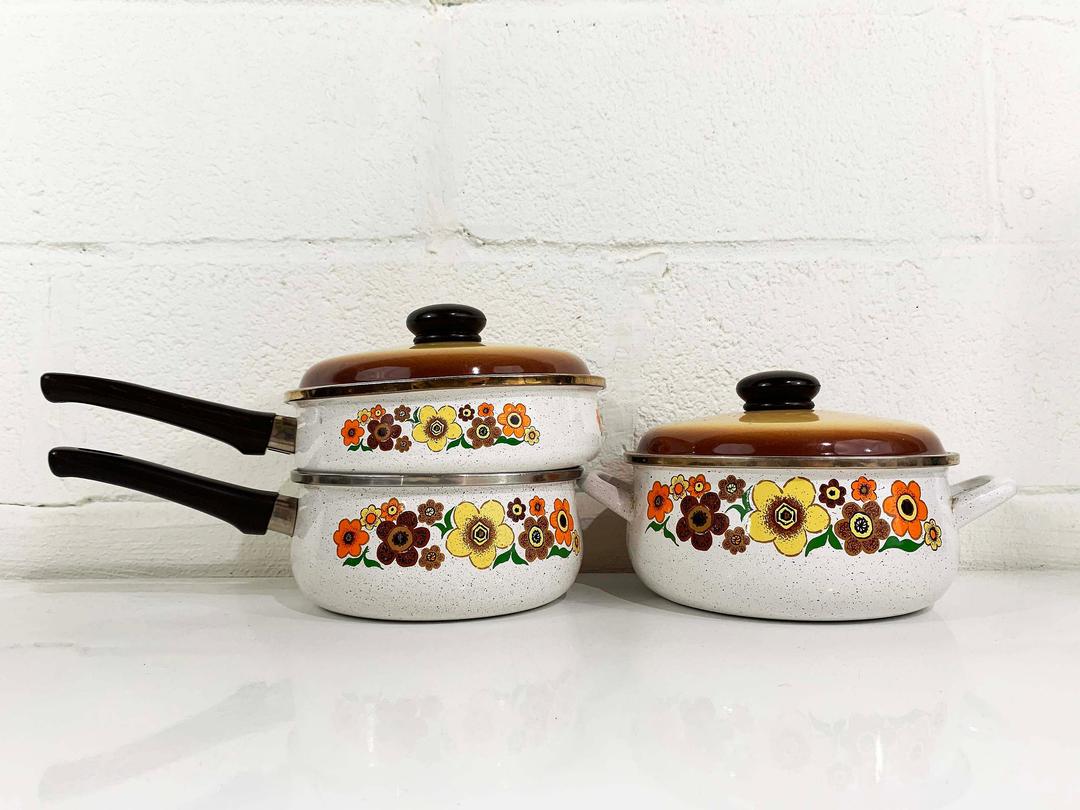 Enamel Ware 7 Piece Pots And Pans Set Orange Yellow Floral Retro MCM 70's