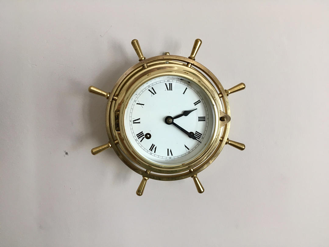 Vintage Hermle Ships Bell Clock, Brass Ships Wheel Case, Serviced 8