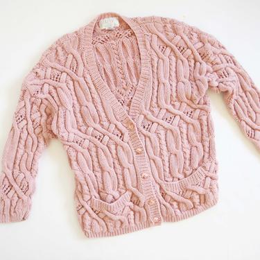 Vintage 90s Cardigan S M - Pastel Cable Knit Cardigan Sweater - Rose Pink Cotton Cardigan - 90s Clothing - Cozy Fall Sweater - Grunge 