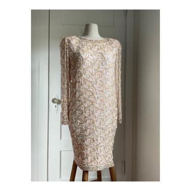 1980s Blush Silk Sequin Beaded Shift Dress- size 6/8 