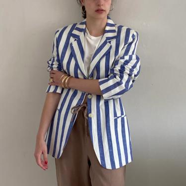 90s striped linen blazer / vintage linen cotton ocean blue awning striped lightweight blazer | S M 