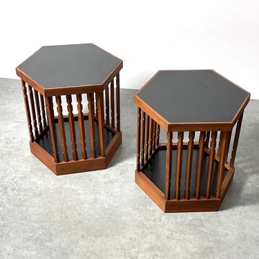 Pair Rare Arthur Umanoff Hexagon Spindle Side Tables 1960s 