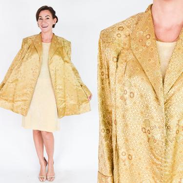 1940s Gold Silk Asian Evening Coat | 40s Gold Silk Swing Coat | X Large 