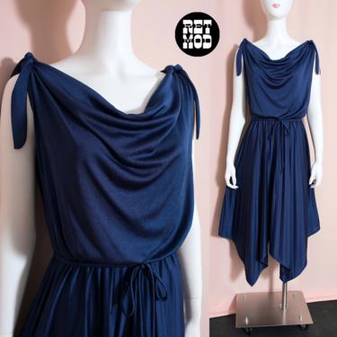 So Beautiful Vintage 70s Dark Blue Draped Handkerchief Dress 