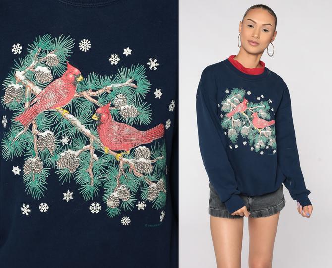 Vintage 90s Winter Snow shops Birds In A Tree Sweatshirt puff print XL