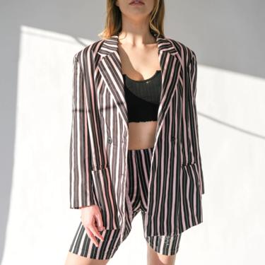 Vintage 90s MONDI SPORTS Light Pink & Black Stripe Double Breasted Blazer w/ Matching Bicycle Shorts Set | Street Chic | 1990s Designer Suit 