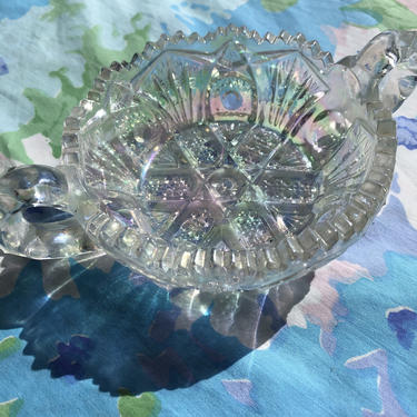 Vintage Iridescent Star Cut Glass Bowl, Rainbow Geometric Cut Candy Bowl with Handles 