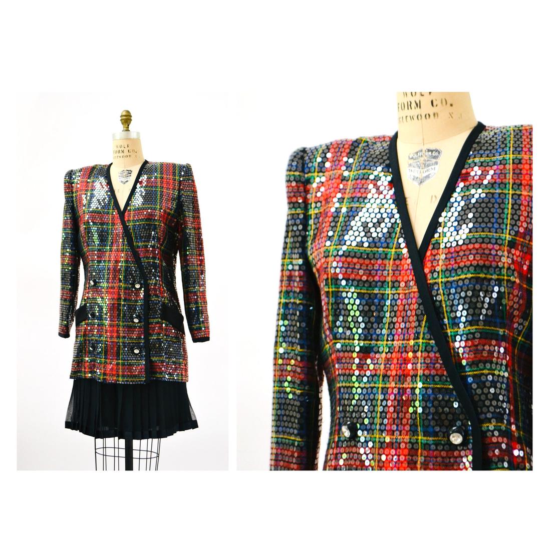 Vintage Modi full shops sequin tartan plaid motorcycle moto jacket coat S M