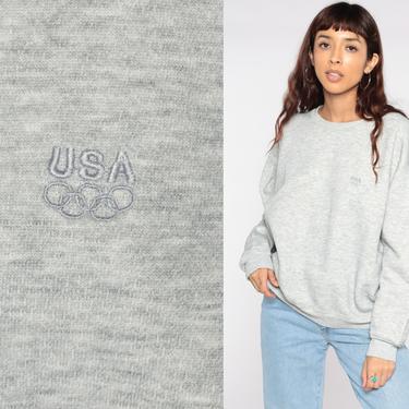USA Olympics Crewneck Sweatshirt 80s Sweatshirt Plain Long Sleeve Shirt Slouchy Vintage 1980s Grey Large L 