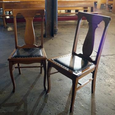 PAIR Wood Chair w Leather Seats and Rivets