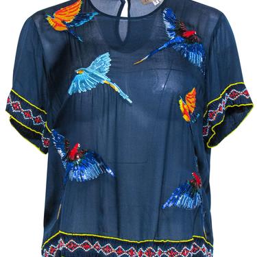 Elle Sasson - Navy Silk Parrot Beaded Short Sleeve Top Sz 4