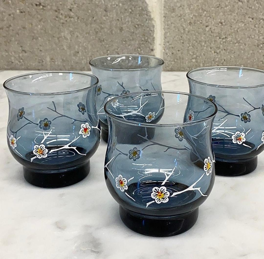 Set of 8 Vintage Smokey Blue Footed Wine Glasses - Found