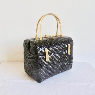 Vintage 1960's Koret Black Woven Wicker Basket Box Purse Gold Metal Top Handle Hardware Mod Mid Century 60's Handbags 