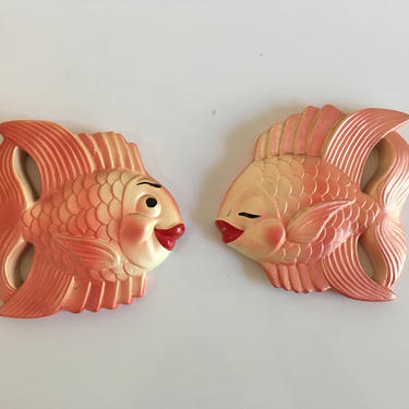 Vintage Chalkware Fish Wall Hanging Set of Two (2) Miller Studio 1954 1950s Chalk Plaster Plaques Gold Salmon Coral Pink 