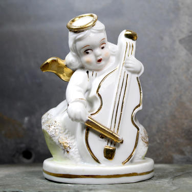 Musical Angel - Vintage Cello Playing Angel - Winking Angel with Gold Accents - Made in Japan | FREE SHIPPING 