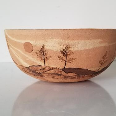 Vintage Brigihet Art Handmade Pottery Bowl W/ Landscape Pattern 