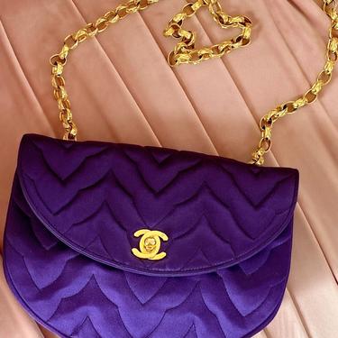 Vintage CHANEL CC Turnlock Purple Quilted Satin Gold Chain Crossbody Shoulder Bag Evening Purse Handbag - WOW! 
