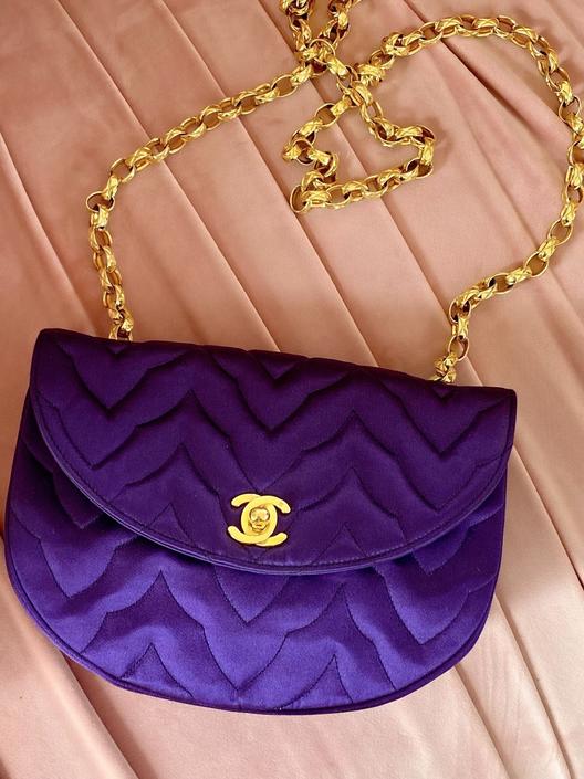 Vintage CHANEL CC Turnlock Purple Quilted Satin Gold Chain